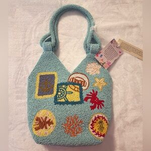 Handcrafted in India Beaded Sea Life Tote Bag in Light Teal